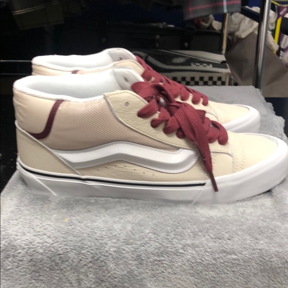 Vans Cream and Burgundy  Nu Skool Leather Mid Hi Sneakers - Picture 1 of 6